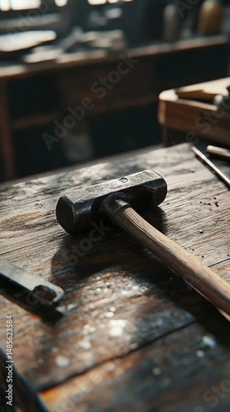 Fototapeta A mockup of a goldsmith s hammer with a precision design, placed on a table