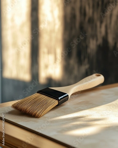 Fototapeta A realistic wallpaper adhesive mockup with a brush, placed on a table