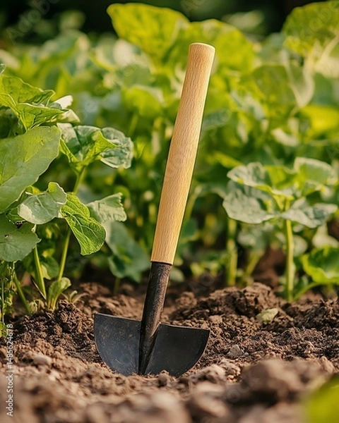Fototapeta A realistic hoe mockup with a wooden handle, placed in a vegetable garden