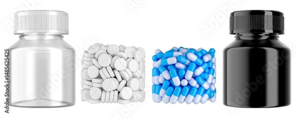 Fototapeta Set of transparent jar and filling of jar with tablets and capsules. Label for your design on separate image. High lights on separate image overlay through screen. 3D render.