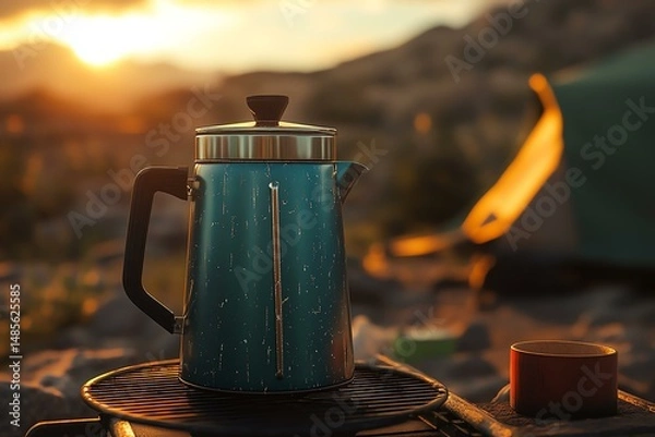 Fototapeta A mockup of a branded camping coffee pot, placed on a stove