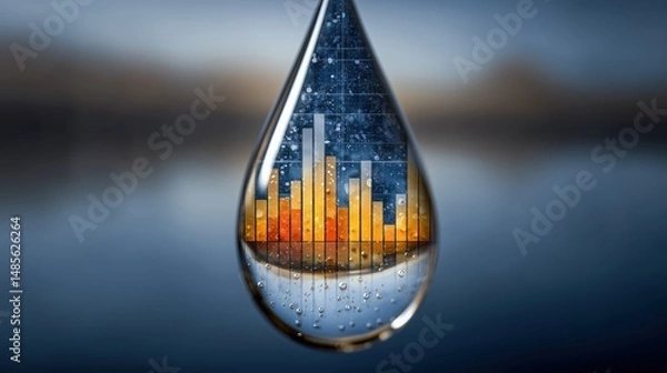 Obraz Water droplet with cityscape reflection and bubbles inside.
