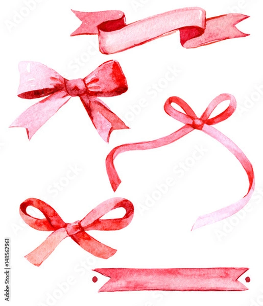 Fototapeta Set of red bows and ribbons, watercolor illustration