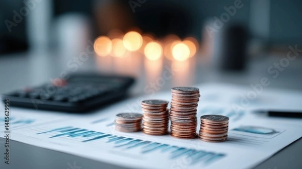 Obraz Stacks of coins sit atop a financial chart, accompanied by a calculator, representing investments and growth in business.