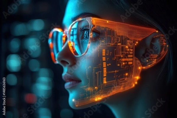 Fototapeta Profile of a person wearing glasses with bright orange and blue digital circuit patterns overlaying their face in a futuristic and high-tech atmosphere