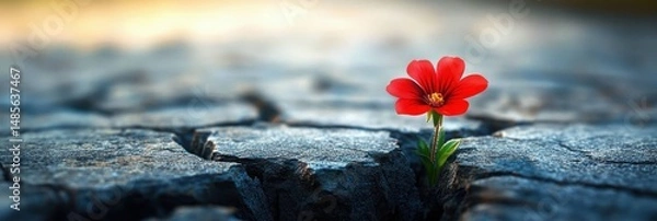 Fototapeta Single vibrant red flower blooming through cracked dry ground evoking resilience and hope amidst harsh conditions
