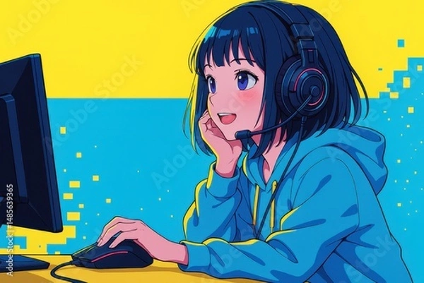 Obraz ヘッドセットをつけたアニメスタイルの若い女性ゲーマーがゲームをプレイ