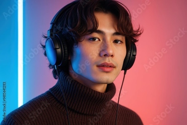 Obraz ヘッドフォンで音楽を聴くアジア人男性のポートレート、ネオンライトの背景