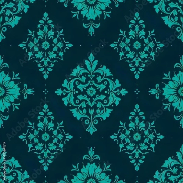Fototapeta Dark Teal Ornamental Pattern Background: Vintage Style Floral Wallpaper Texture,  Elegant Repeat Design