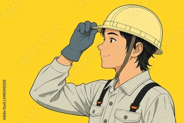 Obraz ヘルメットを被った作業員のイラスト、黄色の背景