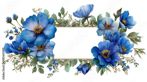 Fototapeta Beautiful blue floral arrangement featuring various flowers and greenery perfect for invitations or greeting cards