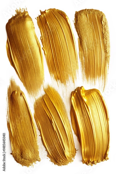 Fototapeta Six golden paint strokes on a white background with visible brush texture