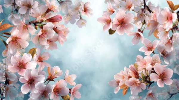 Fototapeta Cherry blossoms bloom beautifully against a soft blue background in springtime garden