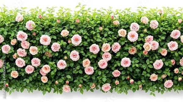 Obraz Beautiful lush garden wall of soft pink roses and green foliage blooming in bright sunlight