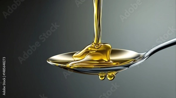 Obraz Close-up shot of pouring honey on a spoon with golden liquid and droplets.