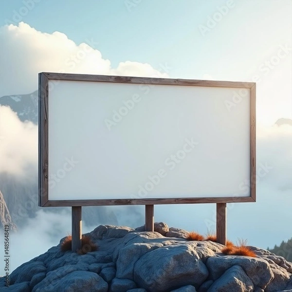 Fototapeta Blank sign outdoor mockup on a rocky mountain crest, against a bright sky with fluffy clouds and distant hazy peaks.