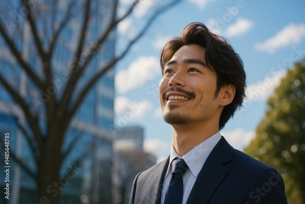 Obraz 屋外で空を見上げる笑顔のビジネスマン