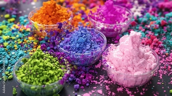 Obraz Colorful holi festival powder celebration in glass bowls arranged with splashes