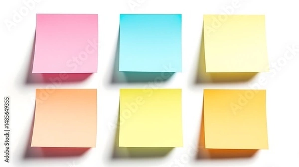 Fototapeta Colorful sticky notes in various pastel hues against white background with shadows