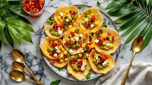 Obraz Deliciously crafted tacos displayed artistically with fresh guacamole and vibrant garnishes