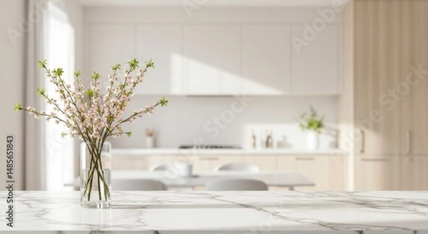 Fototapeta Blossom branches in vase representing freshness and purity, on marble countertop in bright kitchen