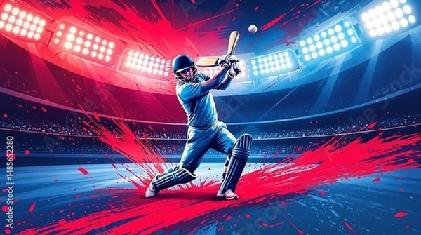 Obraz Dynamic illustration of a cricket batsman hitting the ball in a vibrant stadium setting