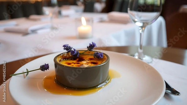 Fototapeta Michelin Style Lavender Creme Brulee on Elegant Plate in Sophisticated Restaurant Setting
