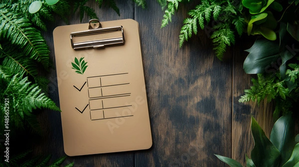 Obraz Clipboard with checklist and logo is surrounded by lush green ferns on wooden surface