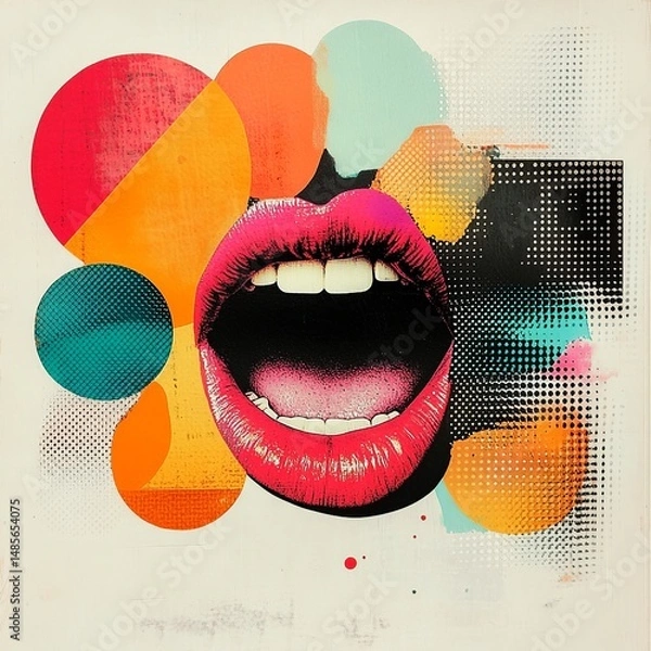 Obraz A dynamic pop-inspired collage featuring halftone mouths and speech bubbles arranged on a clean light background, highlighting themes of dialogue and communication.


