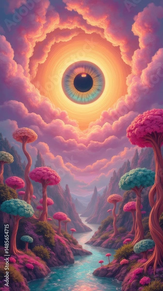 Obraz surreal landscape featuring vibrant trees with colorful foliage, river flowing through valley, and large eye sky surrounded by clouds
