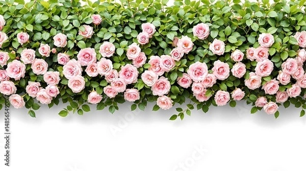 Obraz Lush arrangement of pink roses blooming with vibrant green foliage and white background