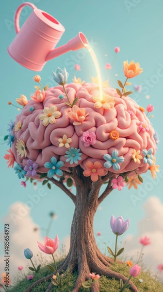 Obraz whimsical tree with brain shaped trunk is being watered by pink watering can, surrounded by colorful flowers and bright blue sky