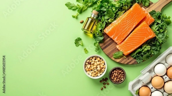 Obraz Nutritious and balanced diet showing salmon, eggs, nuts, and healthy fats on green