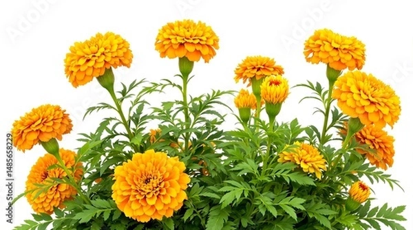 Obraz Vibrant orange marigold flowers blooming with lush green foliage isolated on white background