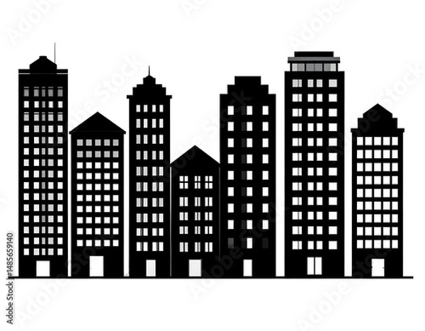 Fototapeta Illuminated cityscape at night, showcasing various building heights and designs