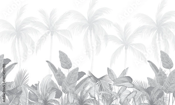Fototapeta Monochrome Palm Trees and Foliage Illustration, Elegant Tropical Banner in Grayscale
