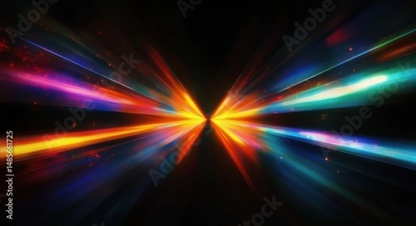 Fototapeta Abstract radiant light beams converging at a central point with vibrant colors of orange, blue, purple, and red on a dark background, creating a dynamic and energetic visual effect