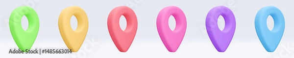 Obraz Set of colored location pointer, placemark, marker of map, navigation pin sign. 3d GPS icon with shadow. Sign for searching on map direction. Vector render illustration isolated on white background