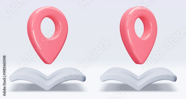Obraz Set red location pointer om map, book, placemark, marker of map, navigation pin sign. 3d GPS icon. Sign for searching on map direction. Vector render illustration isolated on white background