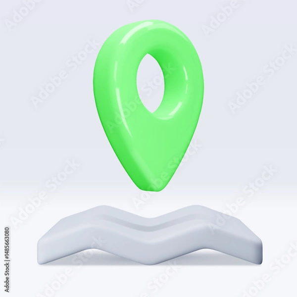 Obraz Green location pointer om map, placemark, marker of map, navigation pin sign. 3d GPS icon with shadow. Sign for searching on map direction. Vector render illustration isolated on white background