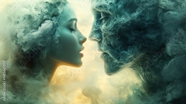 Obraz Close-up portrait of a woman and man enveloped in ethereal smoke.