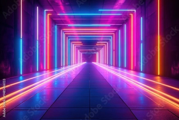 Fototapeta Futuristic tunnel illuminated with vibrant pink, blue, purple, and orange neon lights creating a glowing symmetrical pathway with reflective tiled floor