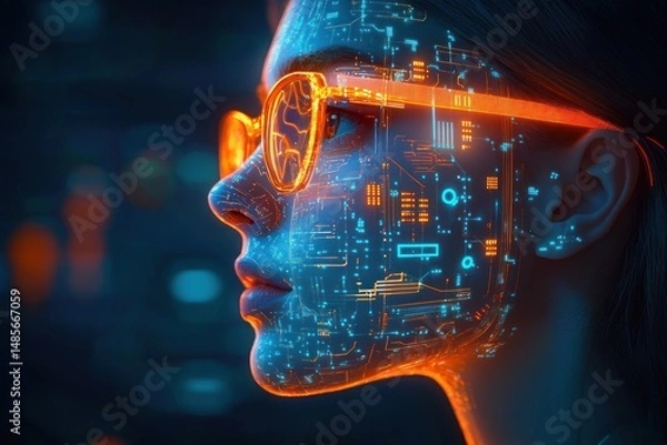 Fototapeta Profile of a woman wearing glowing orange glasses with digital circuitry patterns illuminated on her face, depicting futuristic technology and advanced digital integration