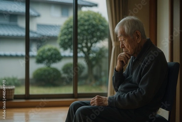 Obraz 高齢者の孤独と瞑想 | 大きな窓のある室内で物思いにふける日本人男性 - 高齢者ケア、社会問題、メンタルヘルスをテーマにしたイメージ