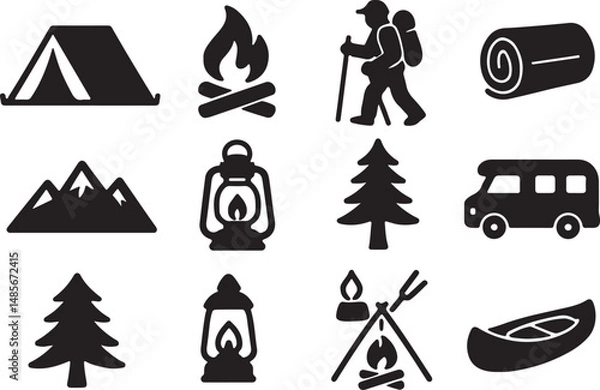 Fototapeta Camping elements set silhouette vector illustration on white background 