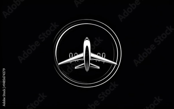 Fototapeta Stylized white airplane viewed from above within concentric circular lines on black background, minimalist aerospace design