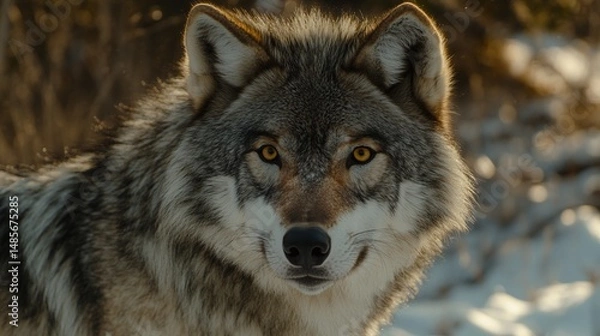 Fototapeta Close-up view of a wolf's attentive gaze.