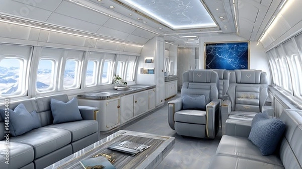 Obraz Luxury Jet Interior Featuring Slate Gray Chairs and Ambient Glow Lighting