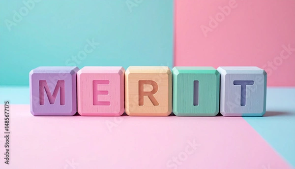 Obraz メリットを意味するMERITの文字が書かれたカラフルな木製のキューブブロック。aiで生成	