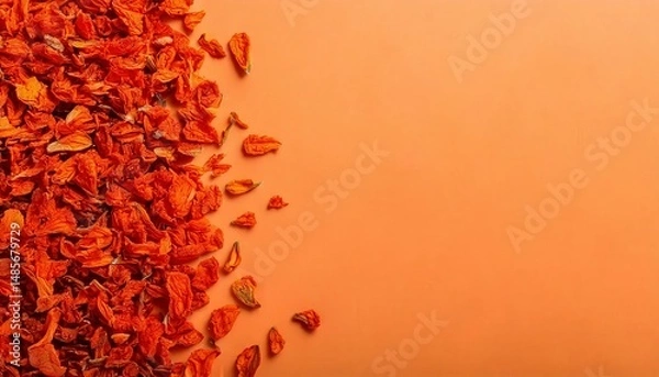 Fototapeta Dried poppy petals in deep orange on a soft pastel cantaloupe background.; copy space
